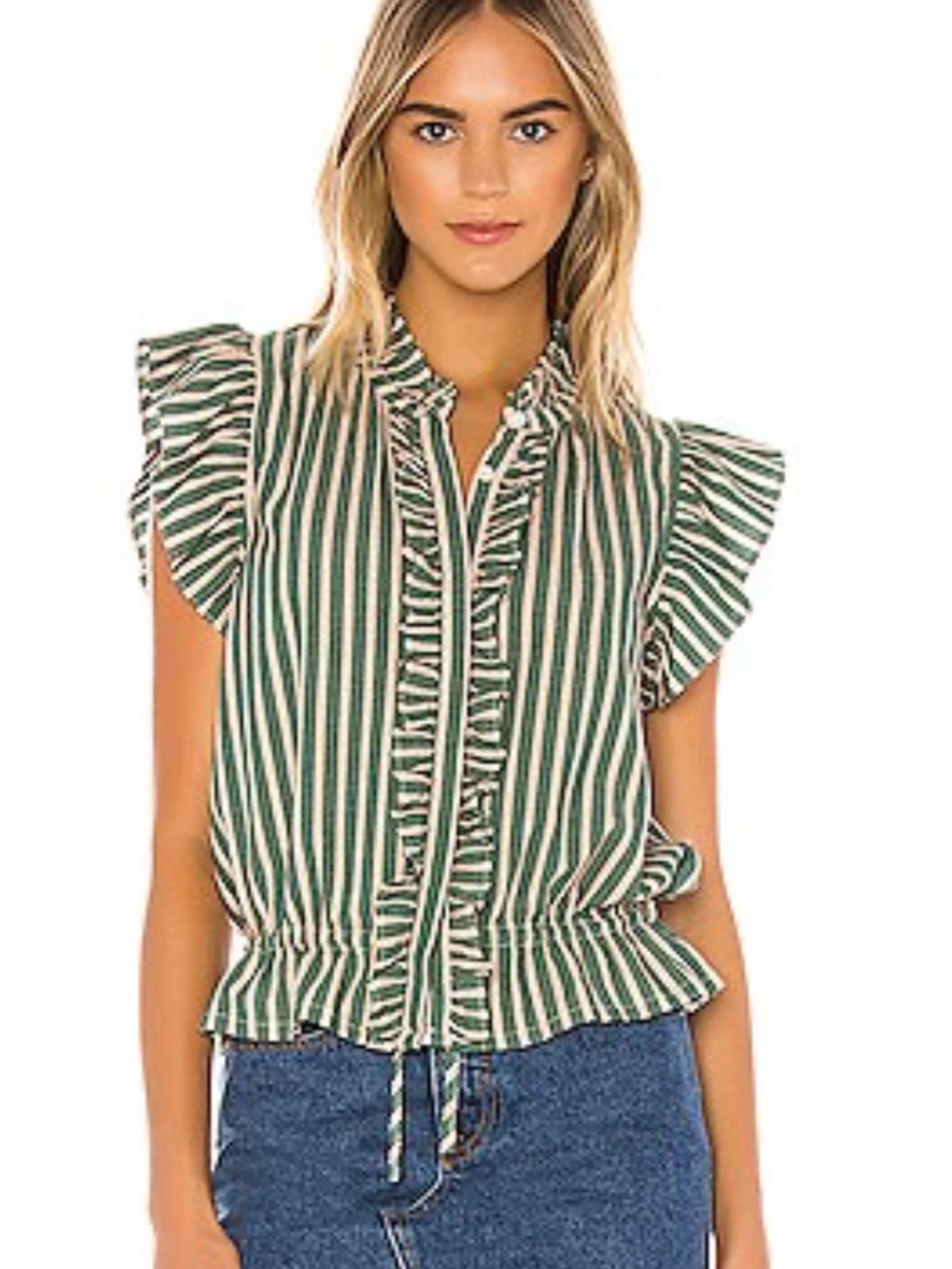 Trovata Birds of Paradise Green and White Striped Ruffle Drawstring Waist